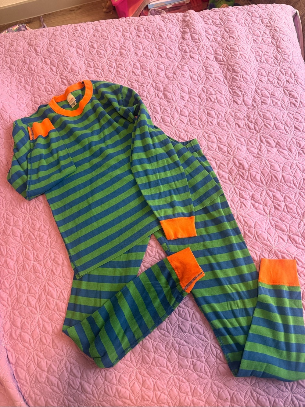Hanna Andersson Green & Blue Striped Pajama Set with Orange Trim